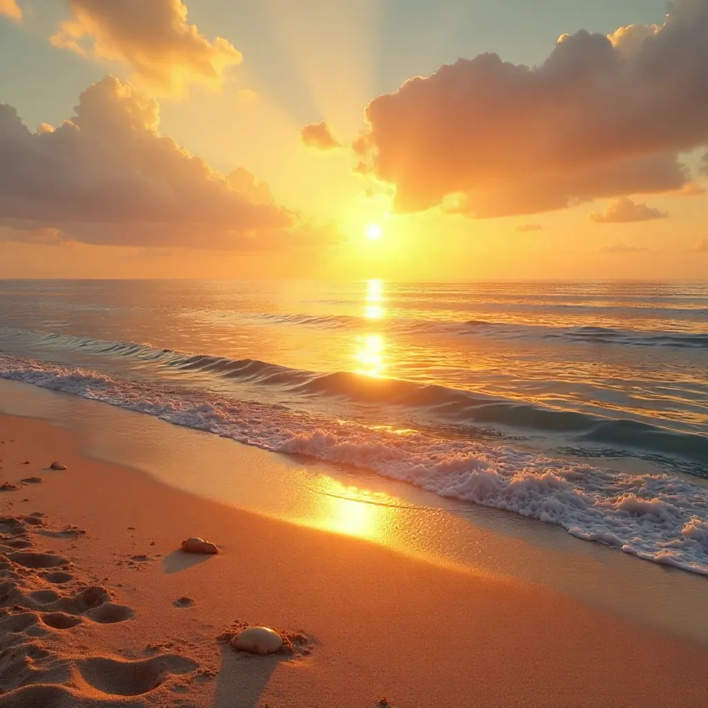 Golden Sunset Over Gentle Waves and Sandy Shore
