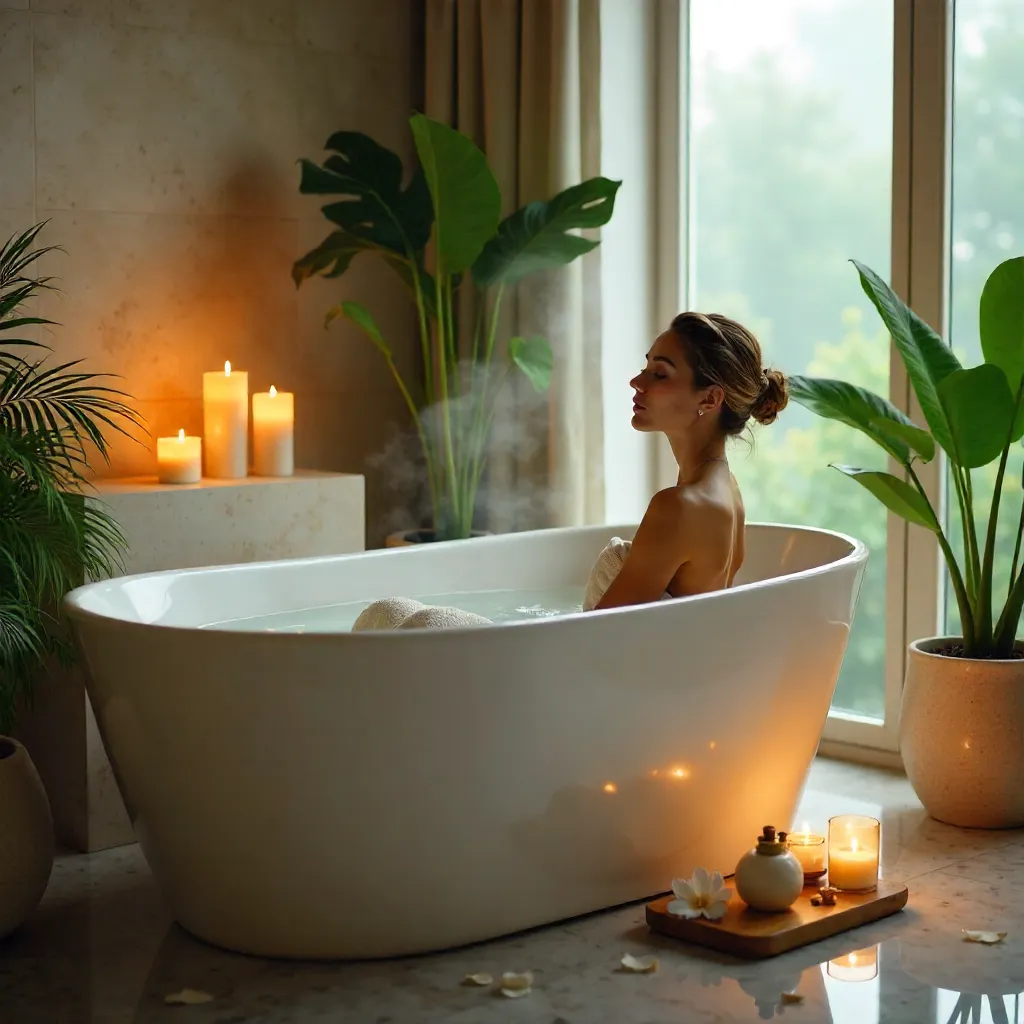 Serene Candlelit Bath with Plants and Calm