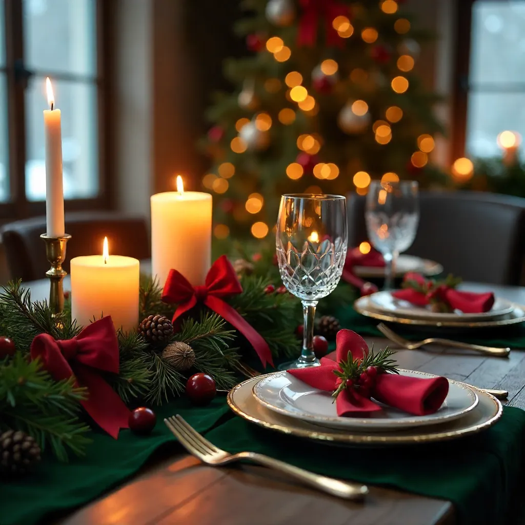 Candlelit Festive Table with Greenery and Ribbons