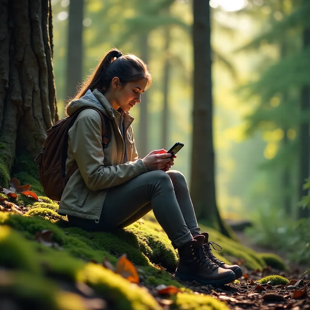 Forest Rock Sit: Adult Woman with Phone