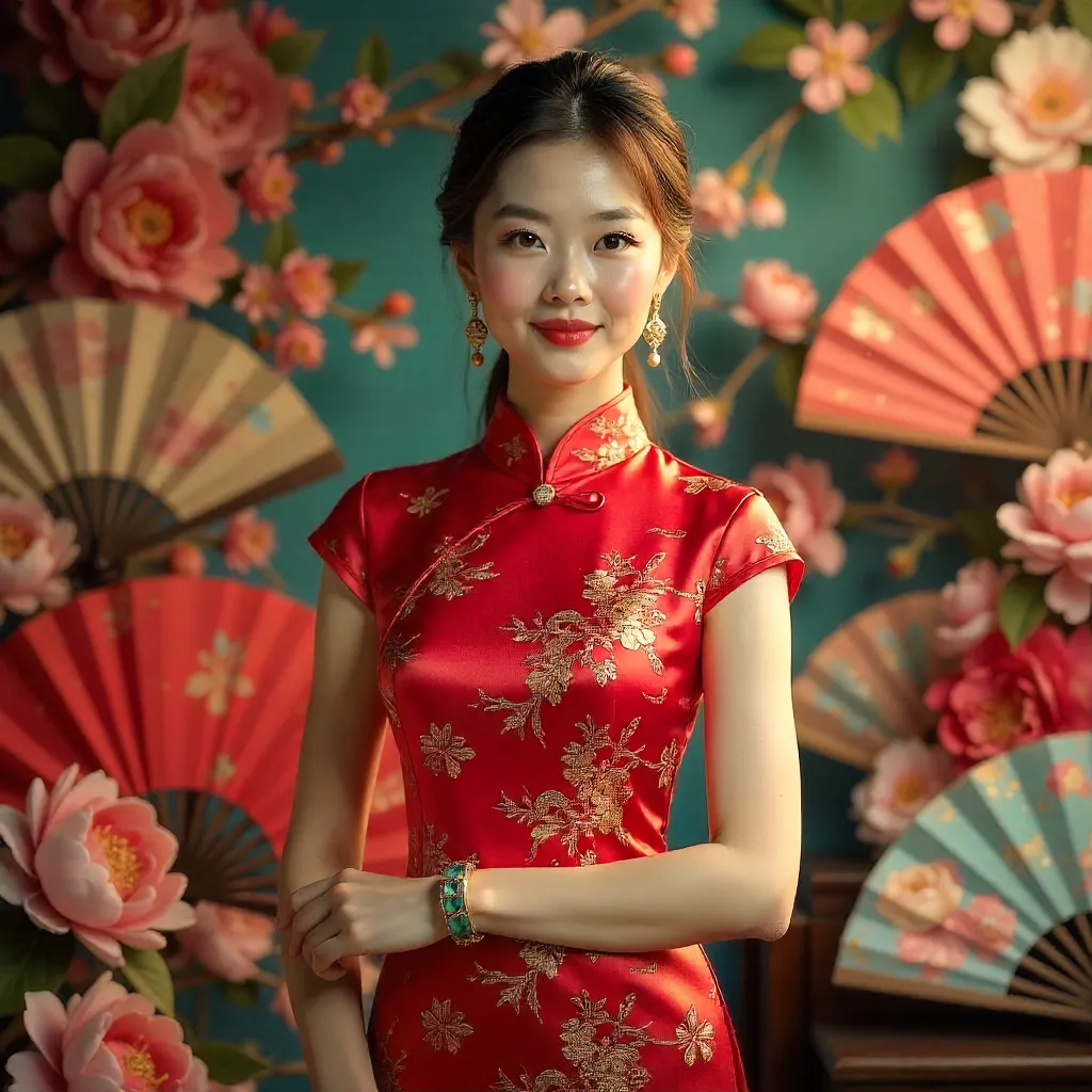 Red Elegance Amidst Floral and Fan Decor