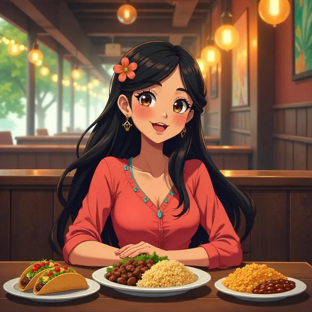 Cheerful Latina Girl in an Anime Restaurant