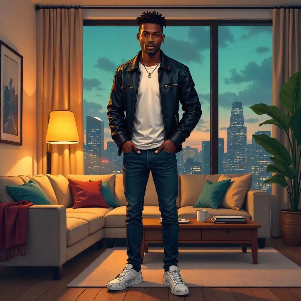 Stylish Black Man in Anime Style at Home