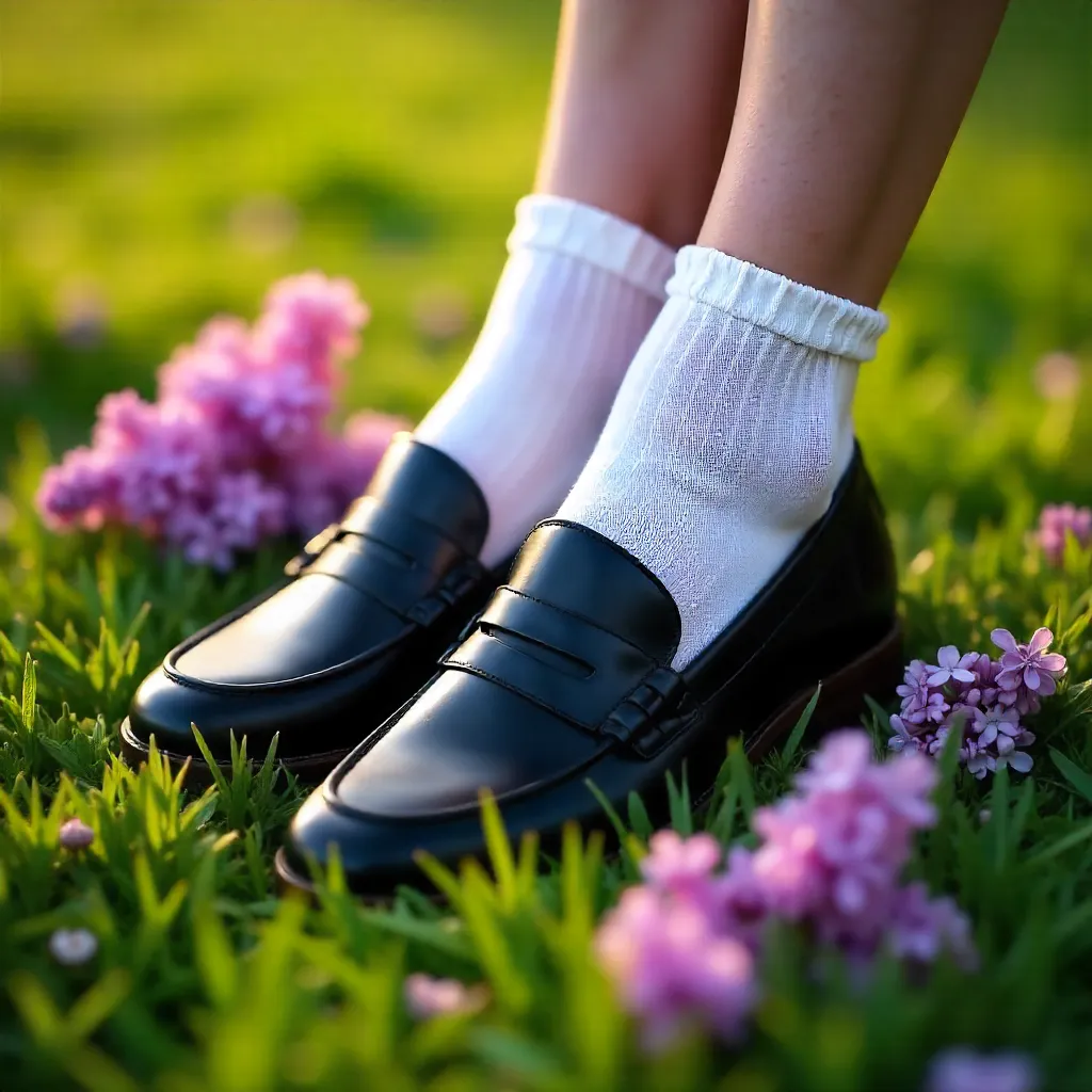 Black Loafers, White Socks, Lilac Blooms on Grass