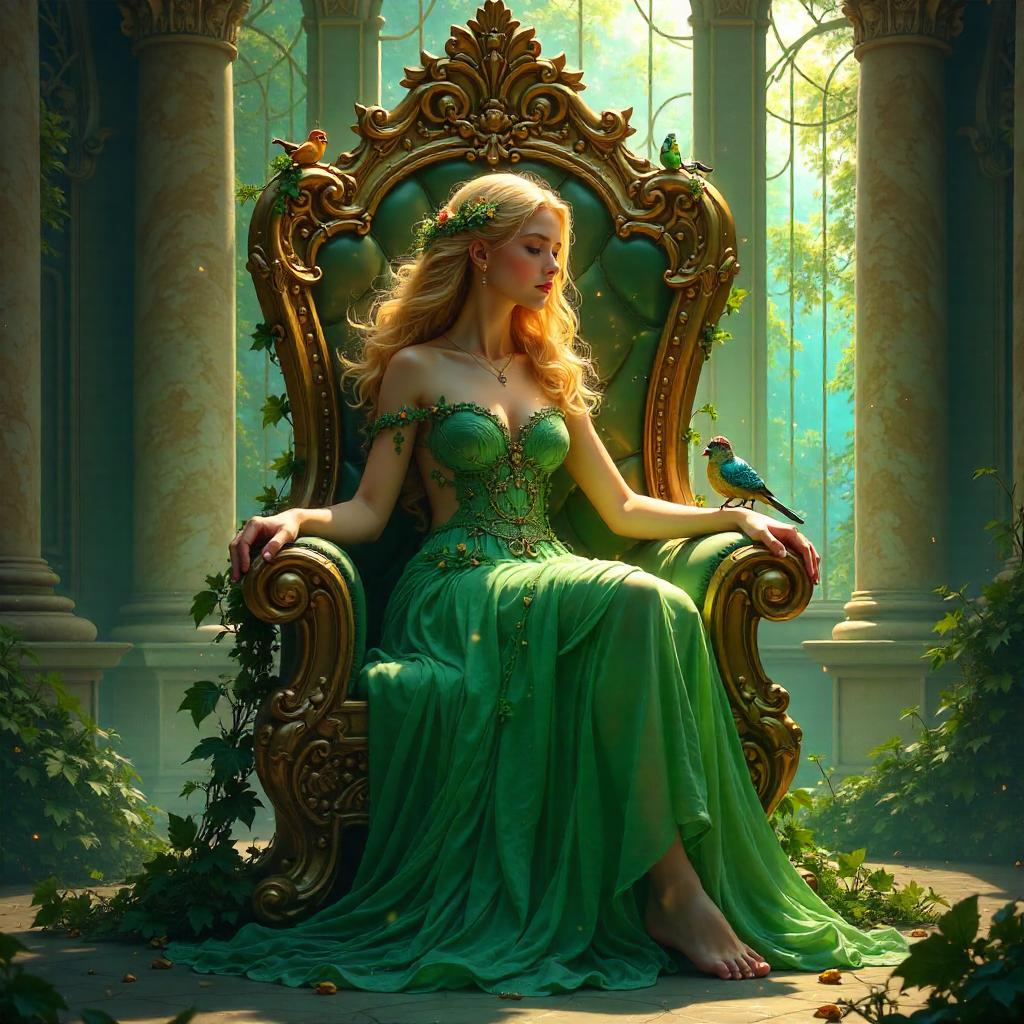 Nymph on a Throne in a Lush Digital Hall