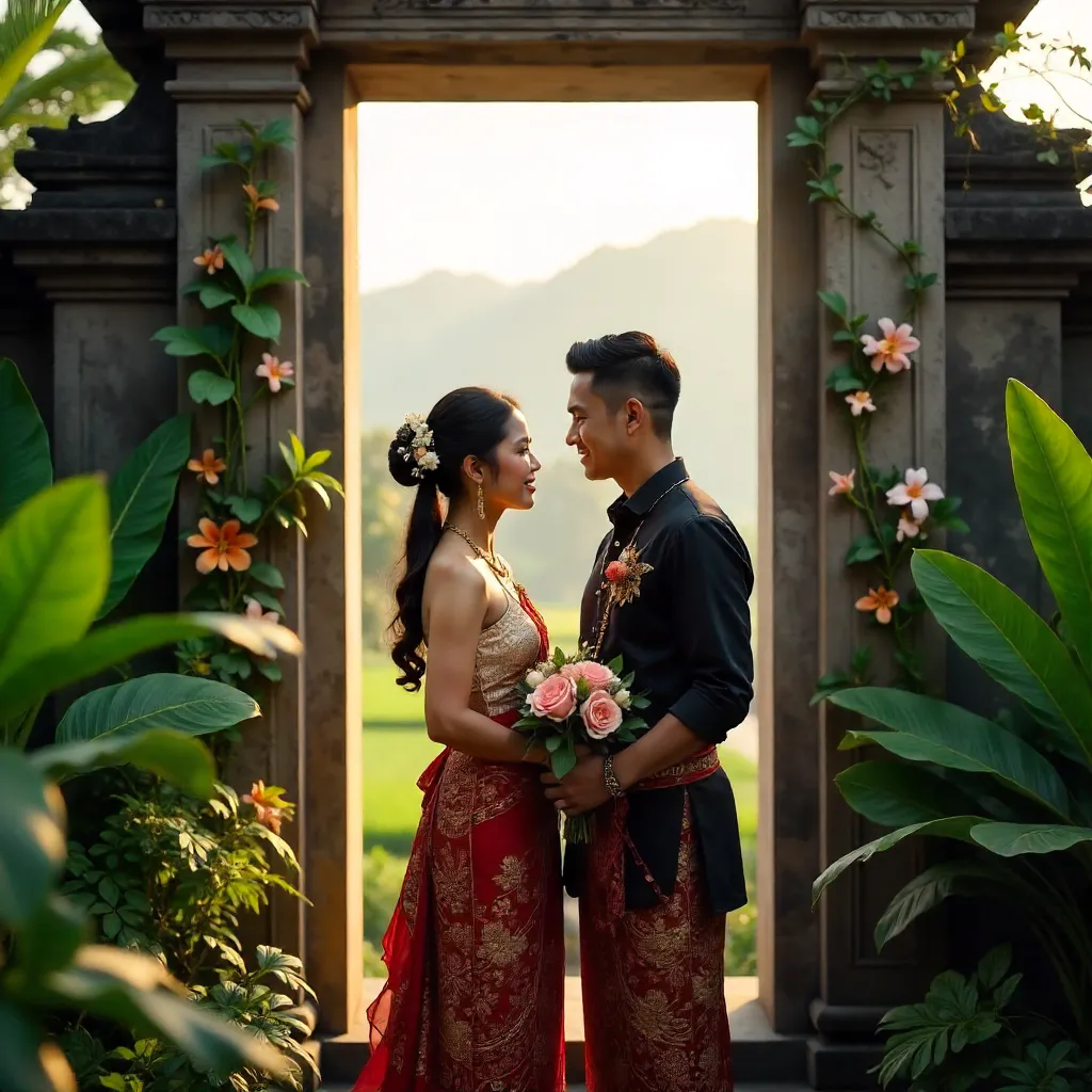 Balinese Couple in Lush Outdoor Attire