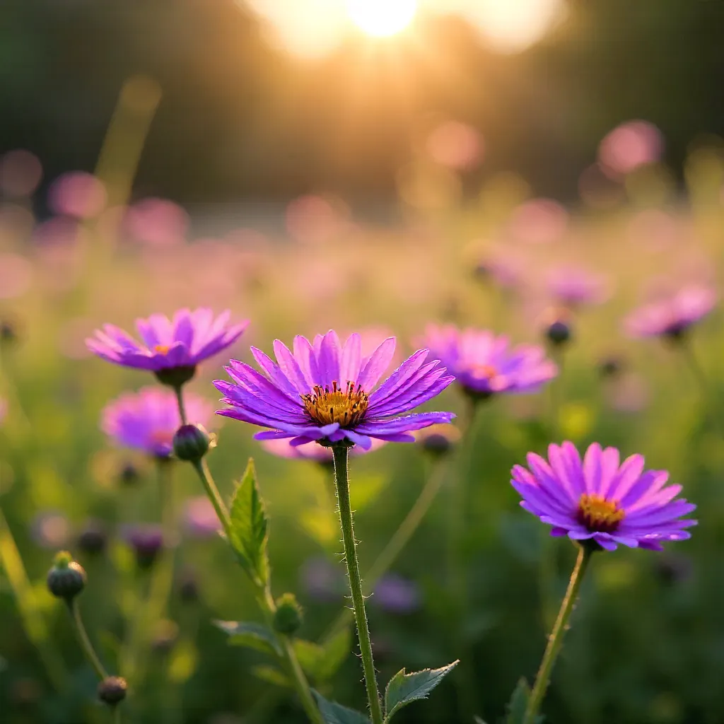 Vivid Purple Aster Field in Golden Hour