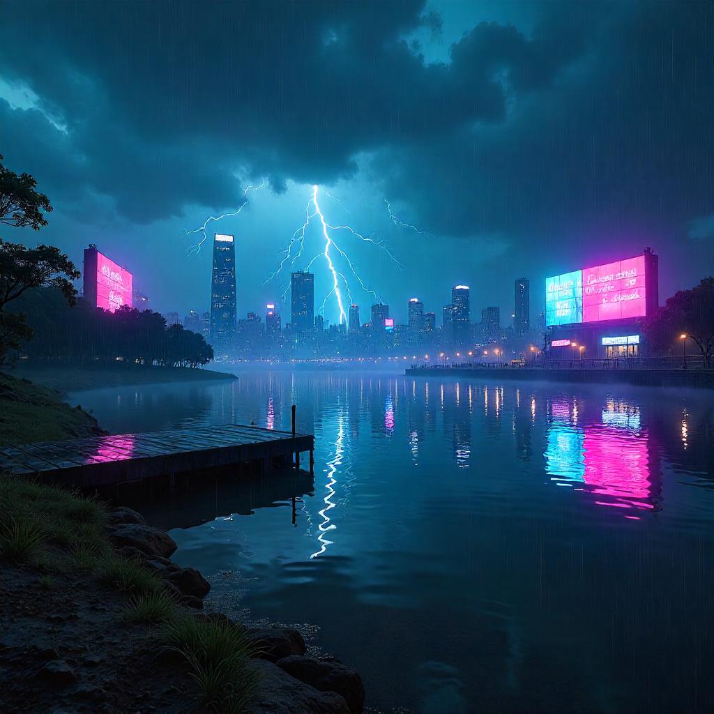 Neon Thunderstorm Over a Cyberpunk Lake