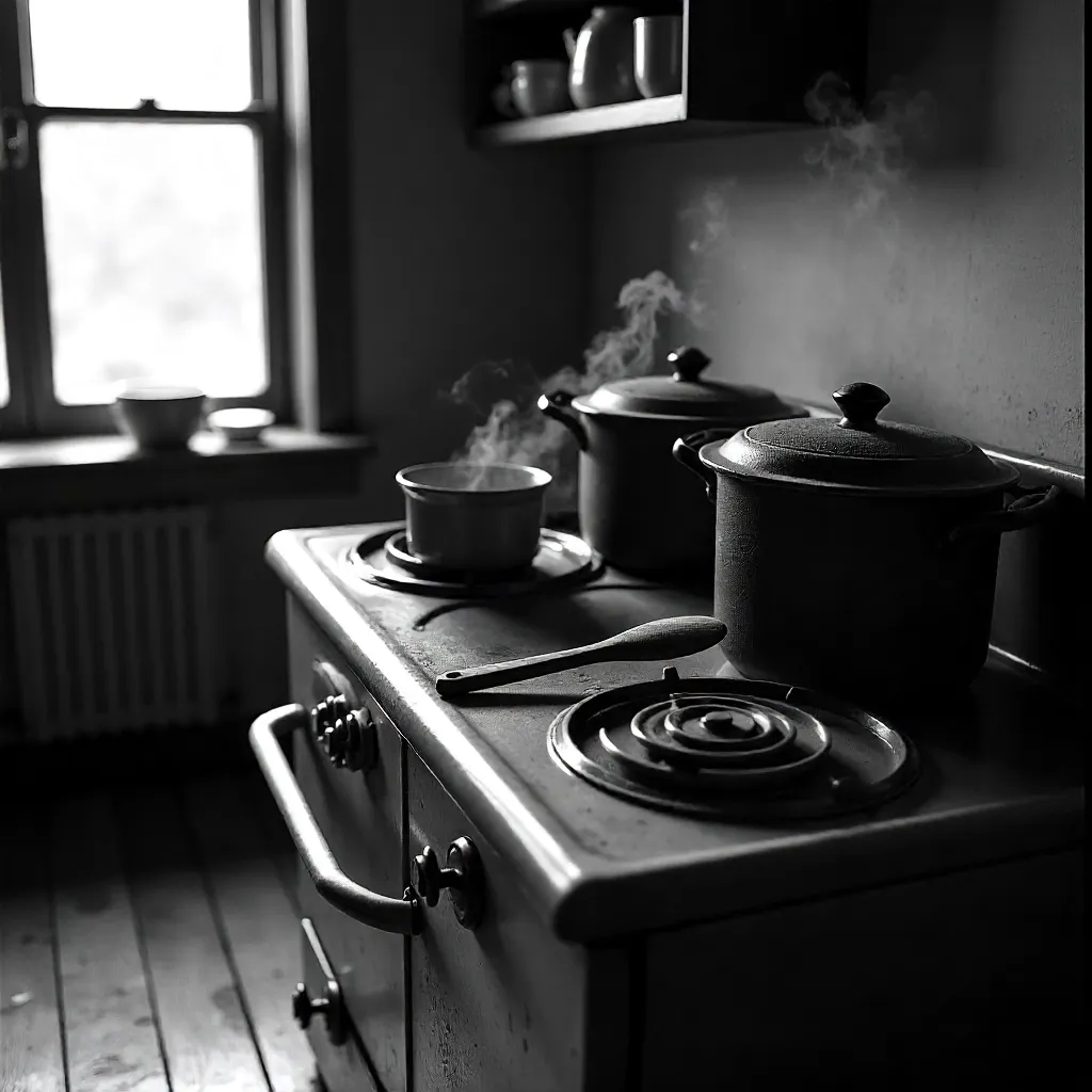 Warm Black-and-White Stove Still Life with Pots