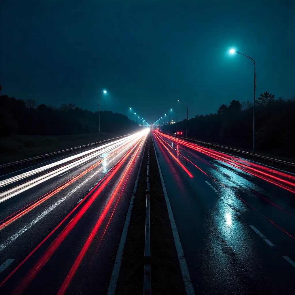 Night Highway Light Trails: Dynamic Long Exposure