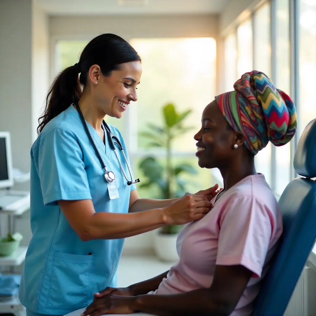 Nurse Helping Patient with Head Wrap in Modern Clinic