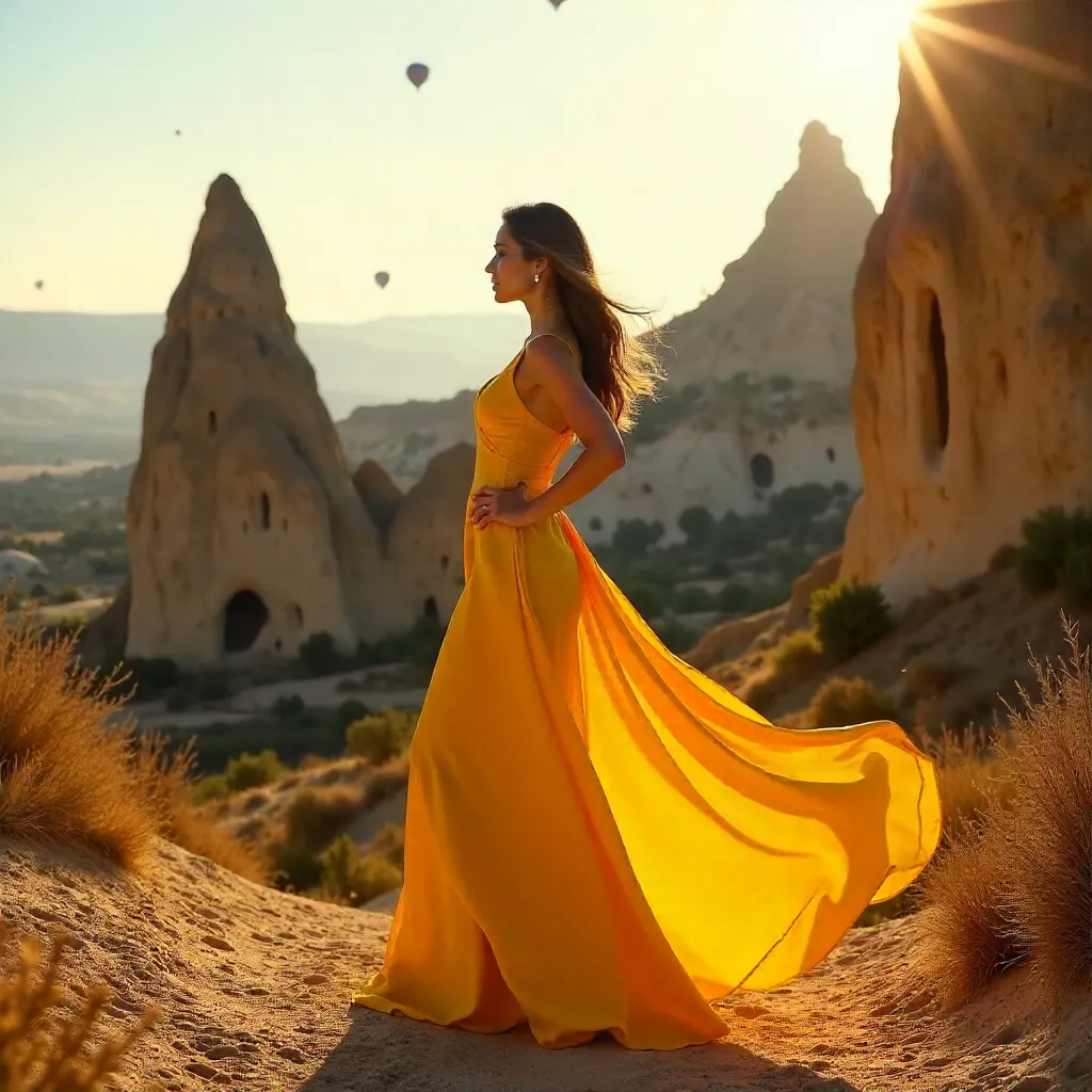 Confident Woman in Yellow Dress Among Cappadocian Rocks