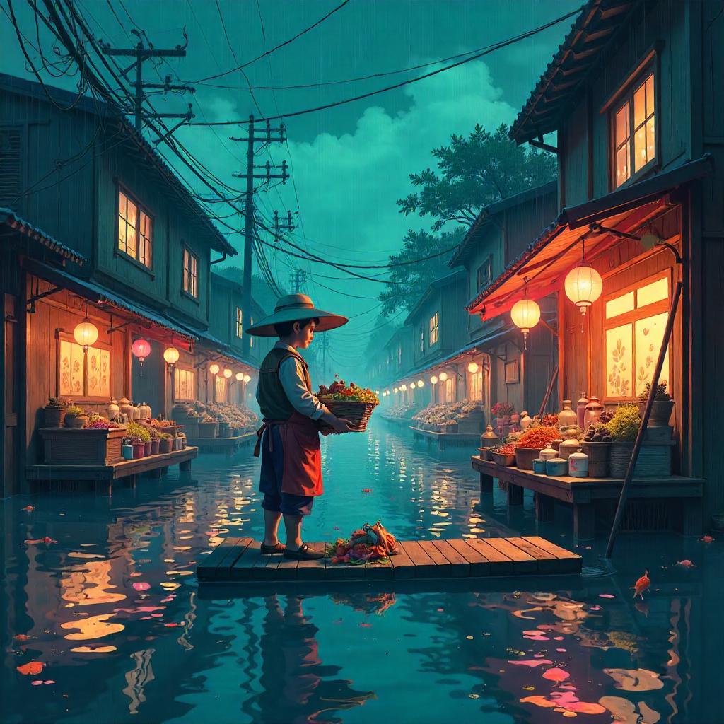 Anime Merchant in a Flooded Neon City