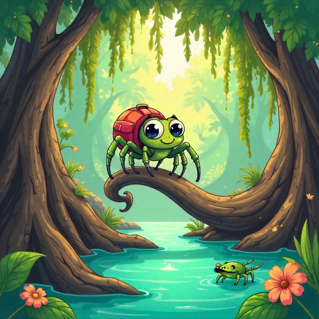 Cartoon Spider Exploring a Mangrove Swamp