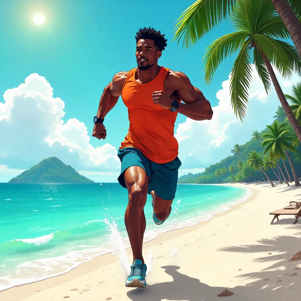Athletic Black Man in Anime Tropical Paradise
