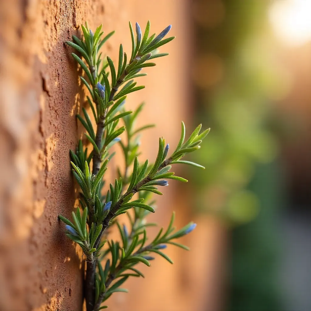 Close-Up Rosemary on Rustic Terracotta Wall