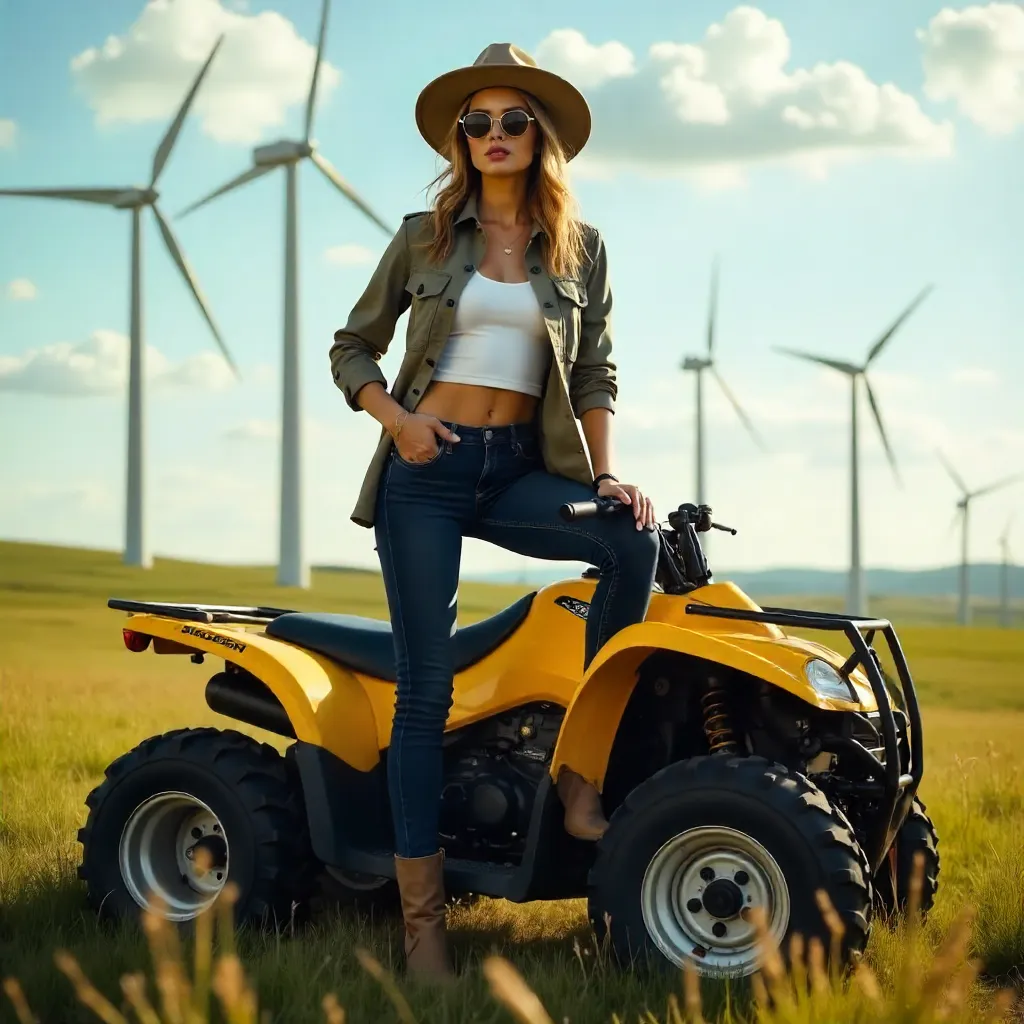 Confident Woman on Yellow ATV at Wind Farm