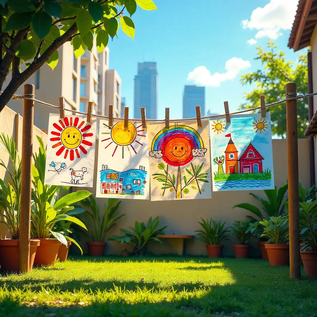 Vibrant Kids Art on a São Paulo Clothesline