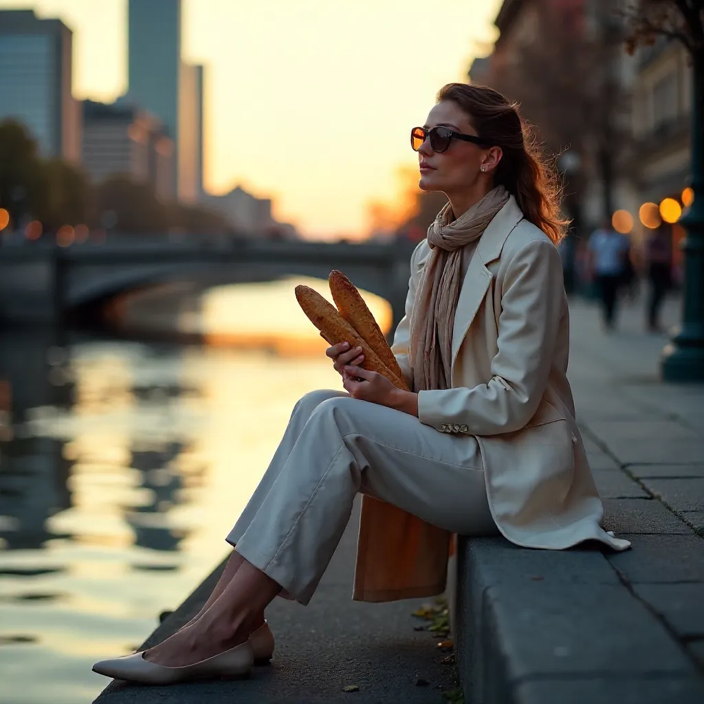 Urban Riverside Chic: Woman with Baguette at Dusk