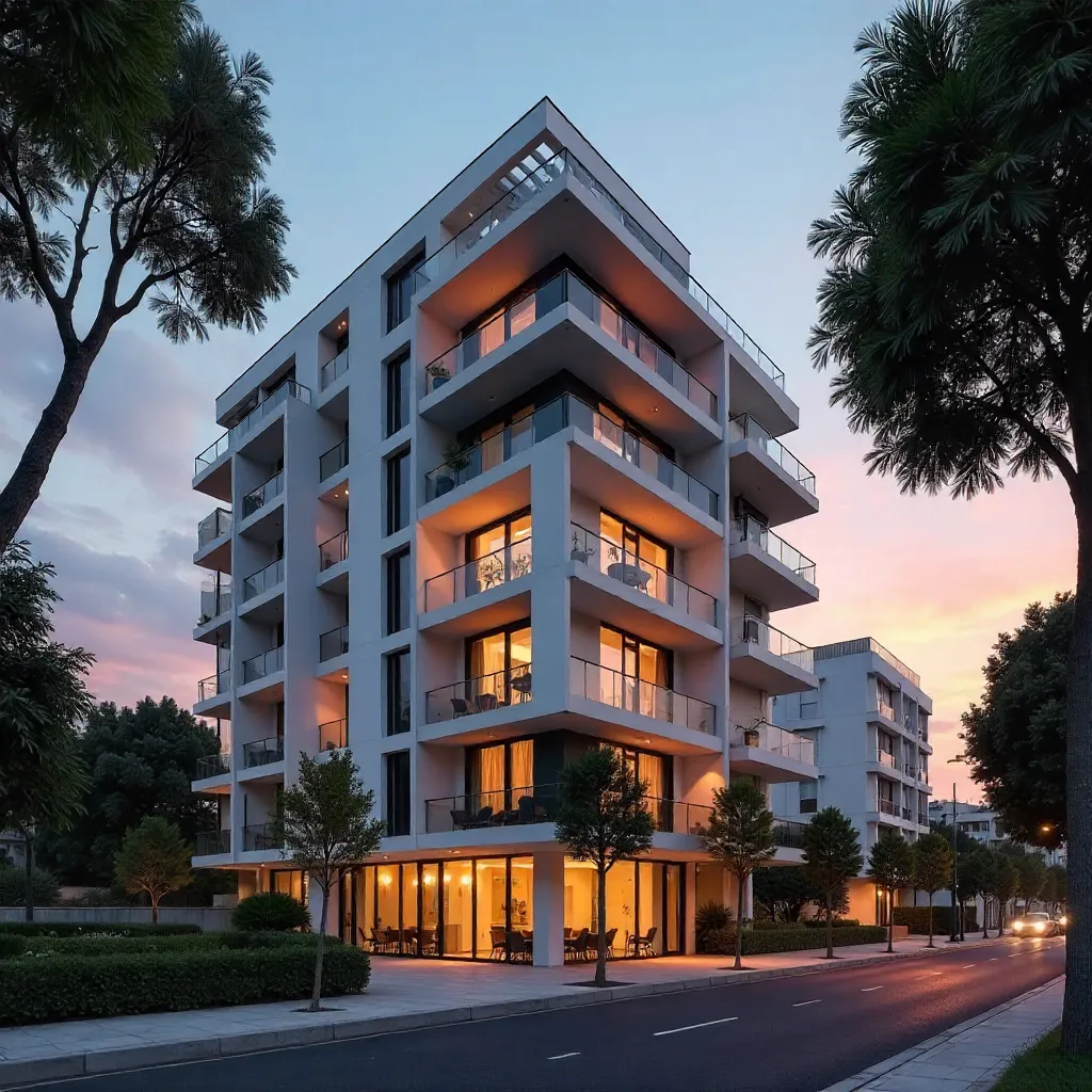 Dusk in Valencia: Modern Residence with Illuminated Balconies