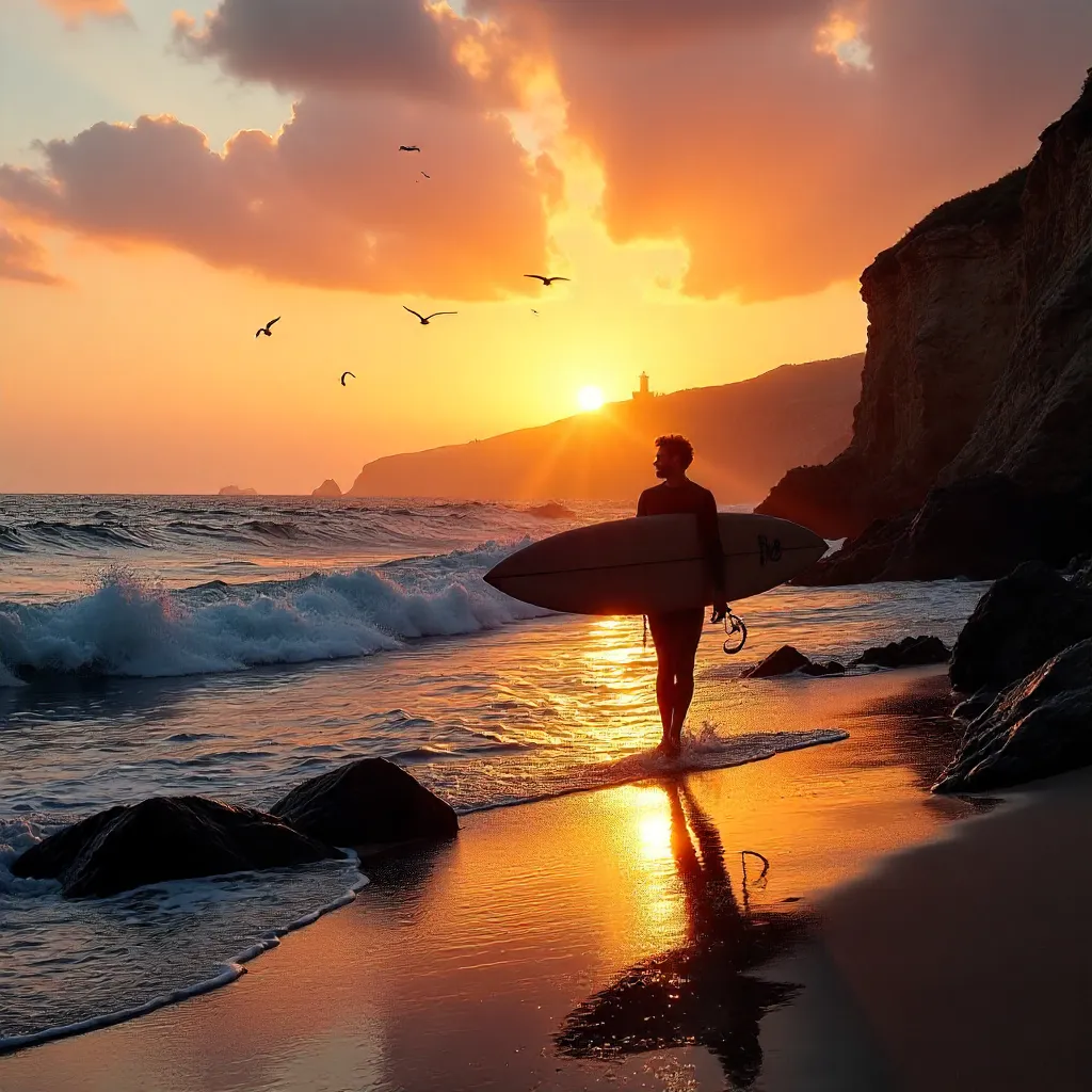 Surfer Silhouette at Sunset on a Rocky Portuguese Beach