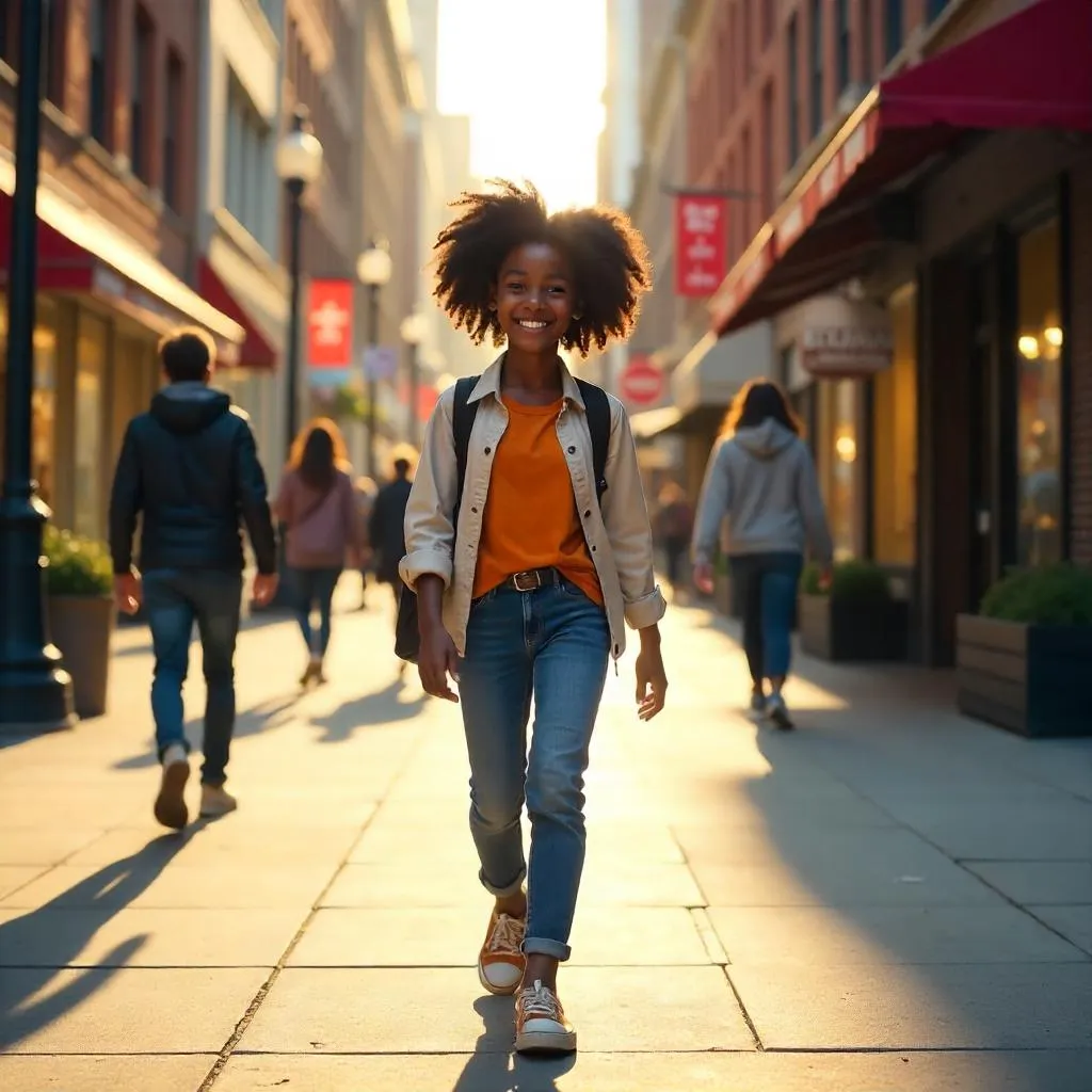 Cheerful Black Girl in a Photorealistic Downtown Street