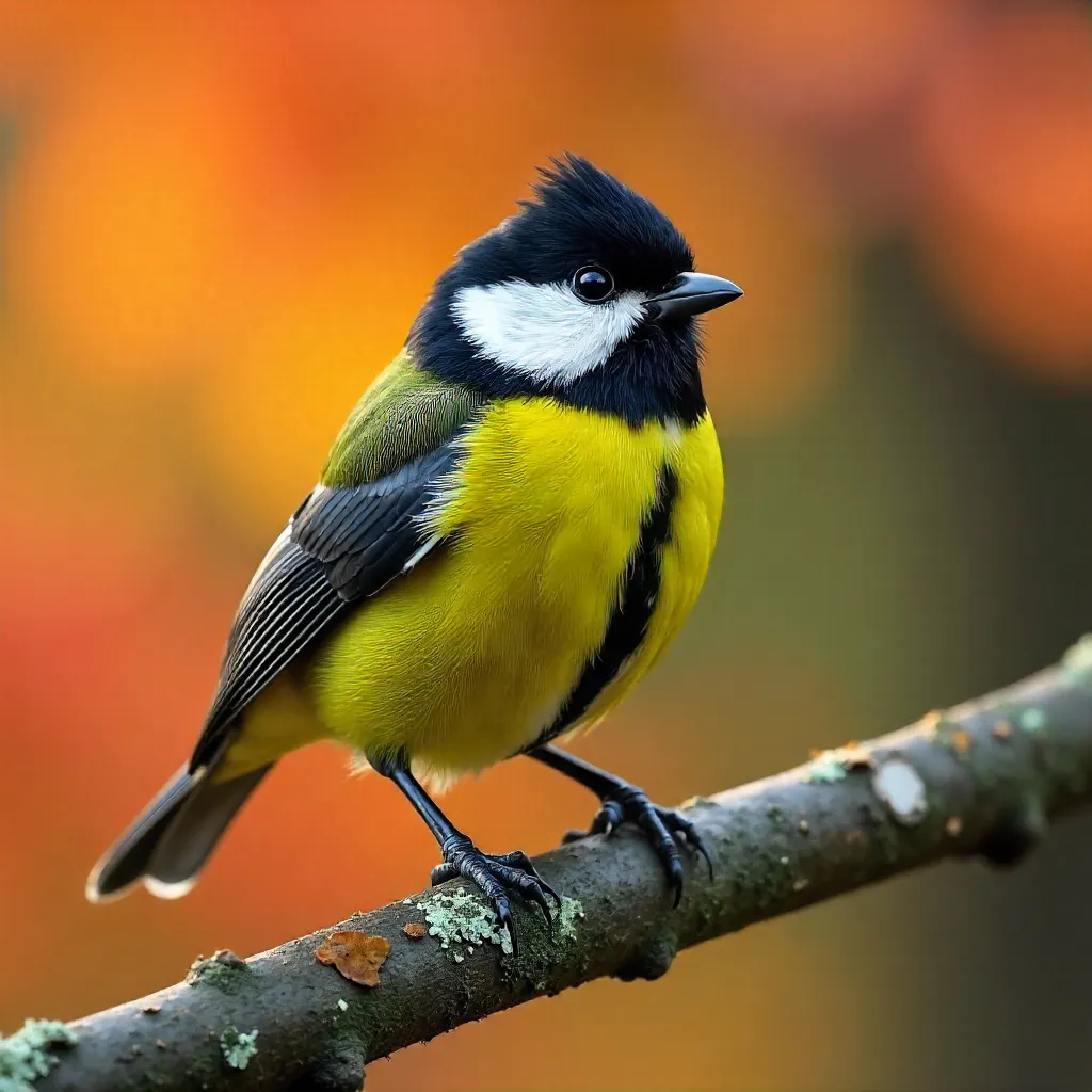 Autumn Great Tit on a Lichen Branch