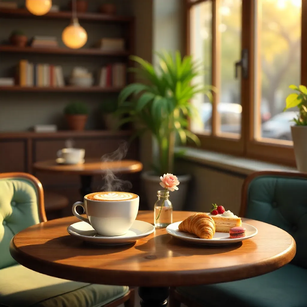 Cozy Café Round Table with Cappuccinos and Desserts