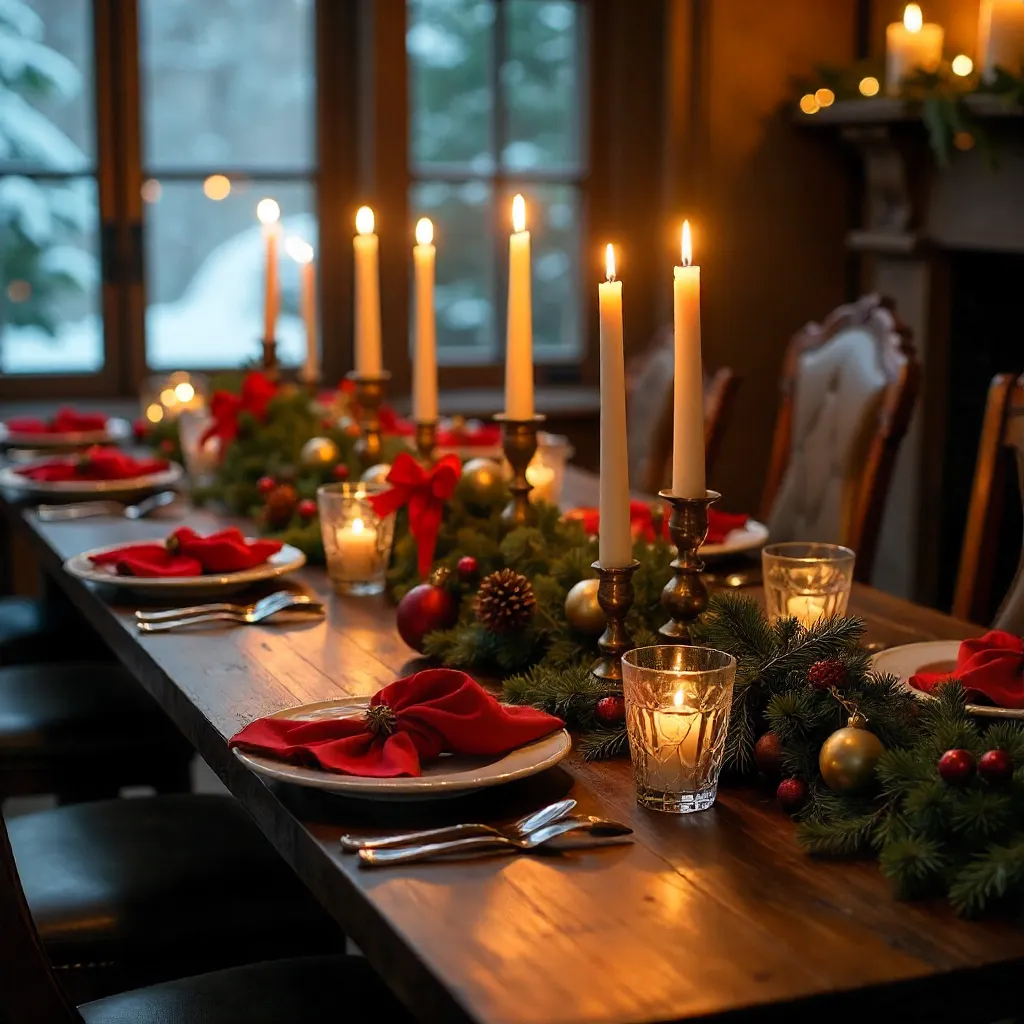 Festive Candlelit Table with Greenery and Red Ribbons