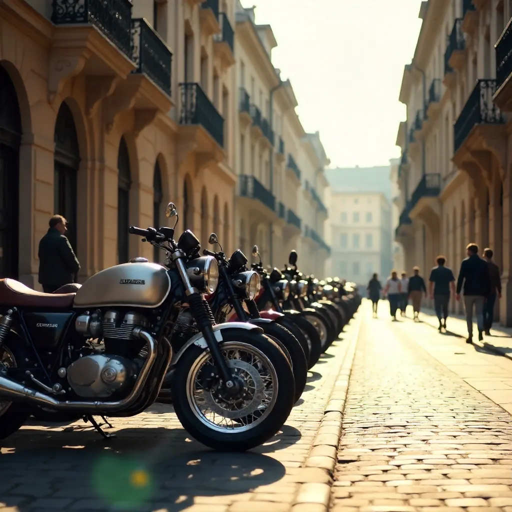 Motorbikes on a cobbled street with classic facades