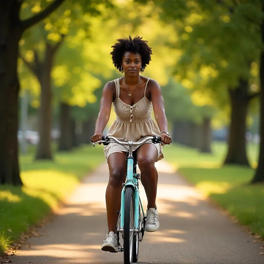 Photorealistic Black Woman Riding a Bicycle in the Park