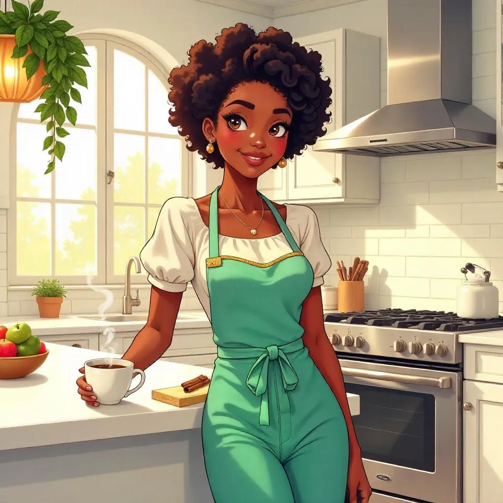 Stylish Black Woman in a Bright Anime Kitchen