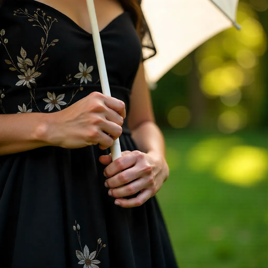 Close-Up: Hands in Black Floral Dress with White Umbrella