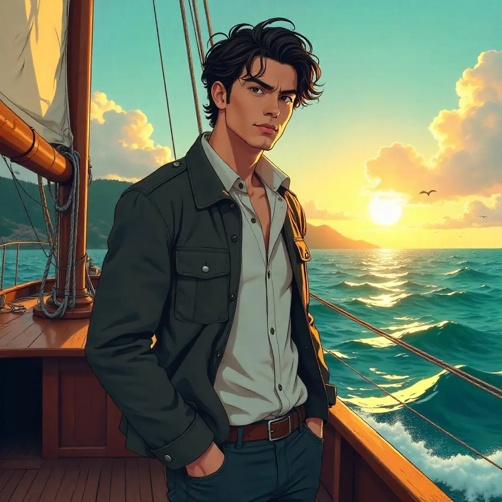 Confident Asian Man on a Boat in Anime Style