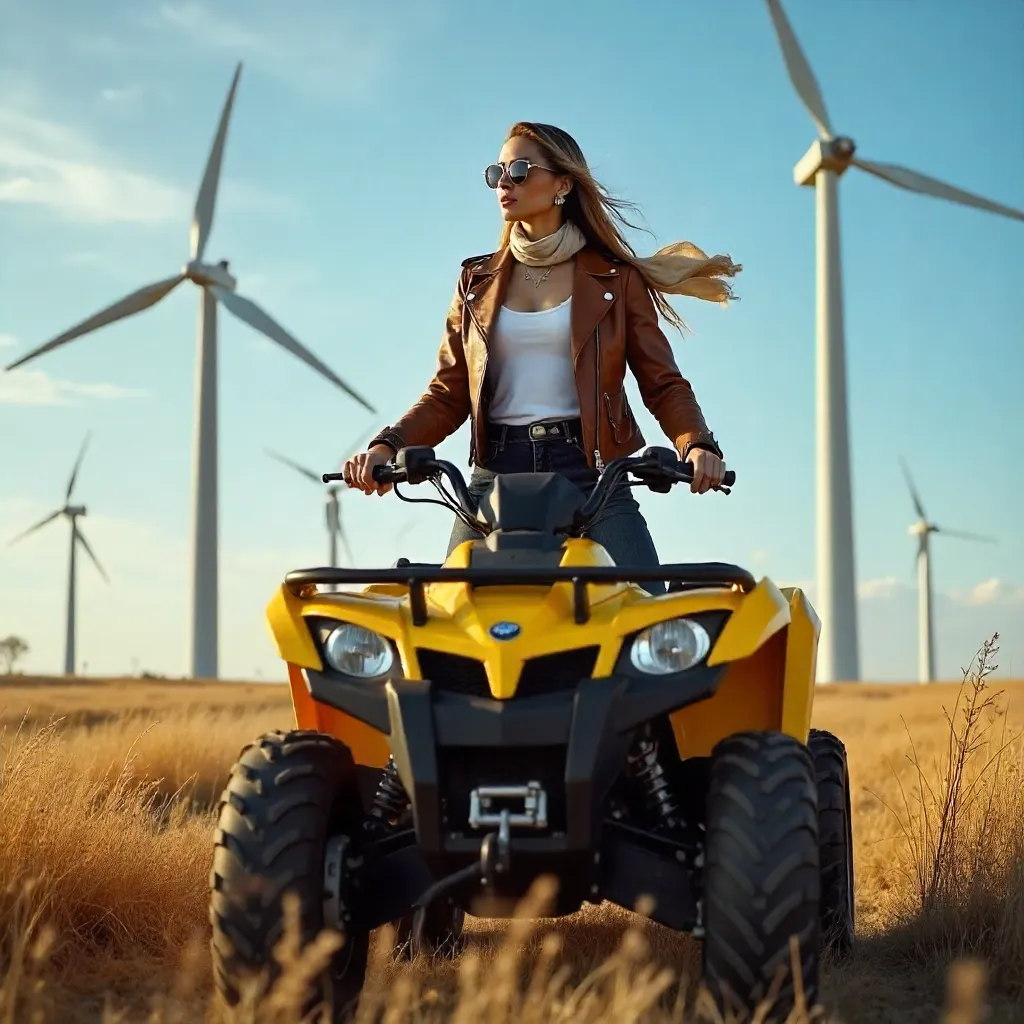 Confident Woman on Yellow ATV at Wind Farm