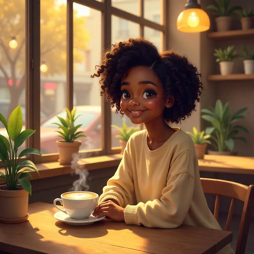 Cheerful Black Girl in a Cozy Coffee Shop - Concept Art