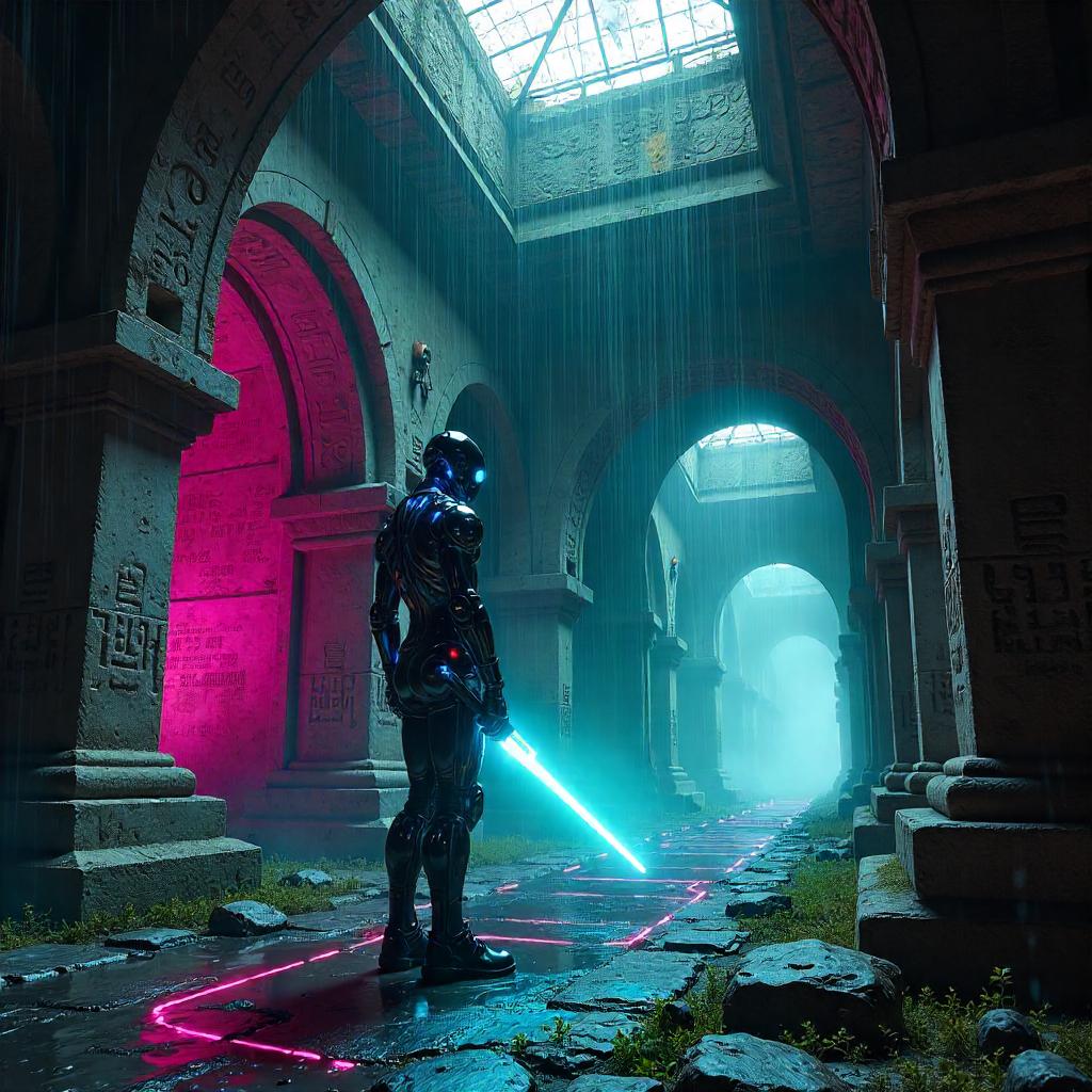 Neon Android in a Cyberpunk Crypt