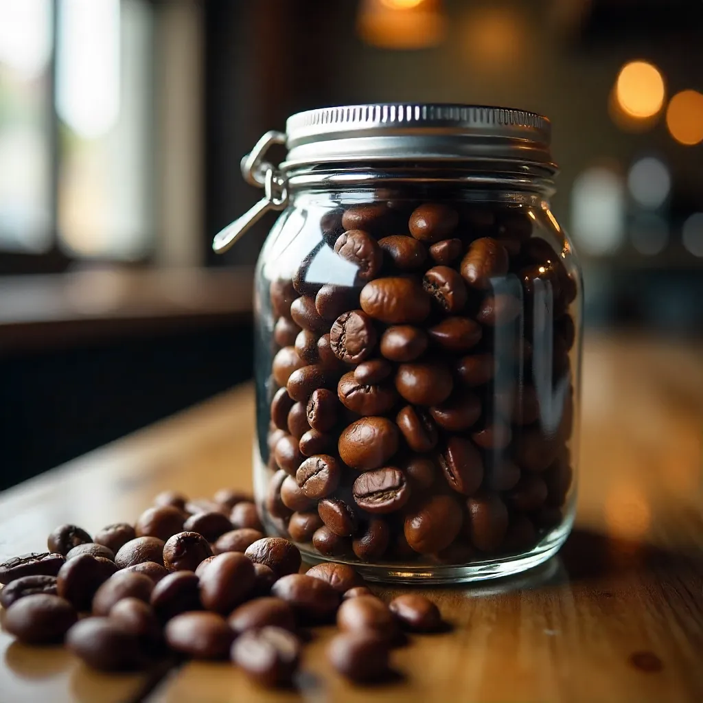 Macro View: Roasted Coffee Beans in a São Paulo Jar