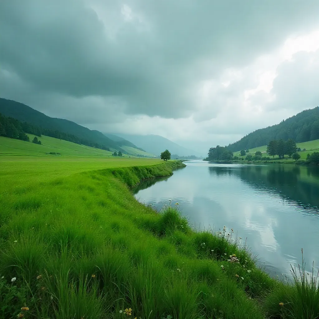 Bulgarian Green Fields by a Cloudy Waterbody
