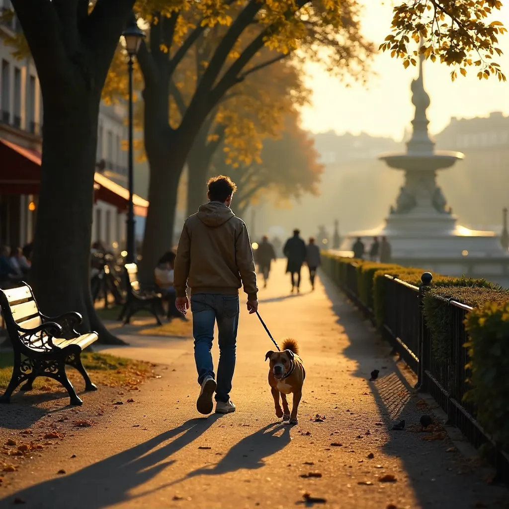Strolling with a Dog in a French Urban Park