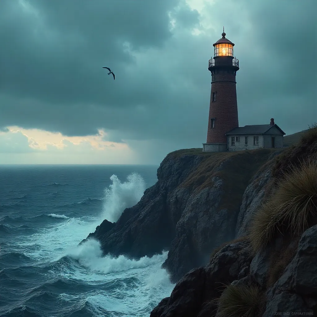 Solitary Lighthouse on a Rugged Cliff at Dusk