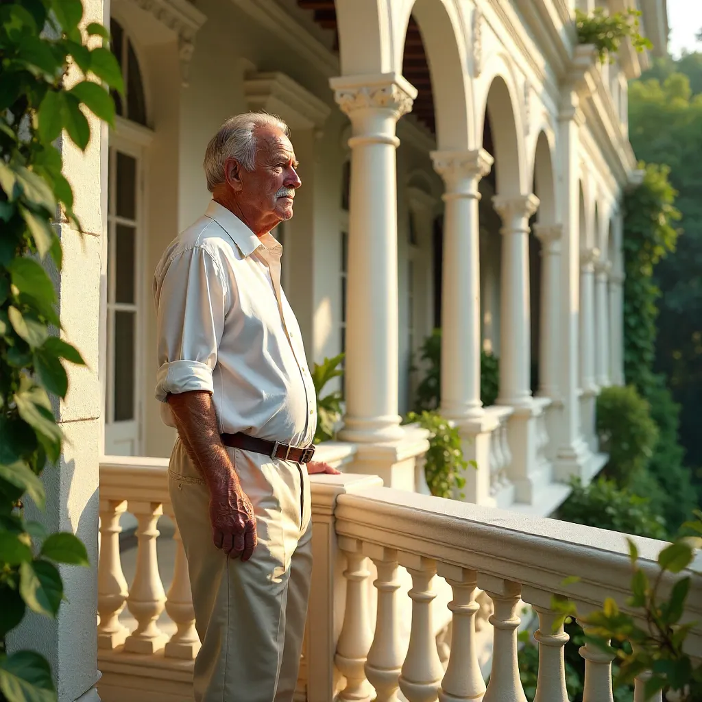 Senior Man on a Historic White Balcony