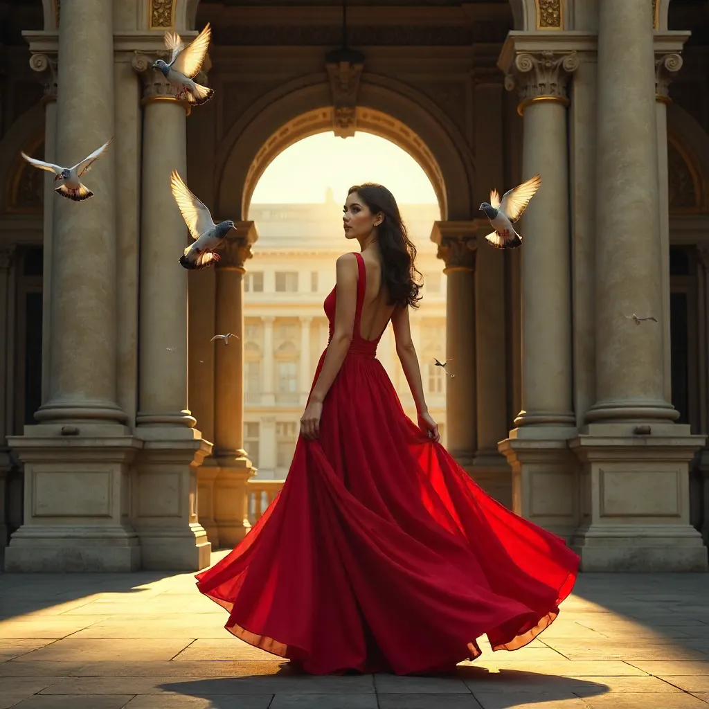 Woman in Red Dress Surrounded by Pigeons Before Ornate Architecture