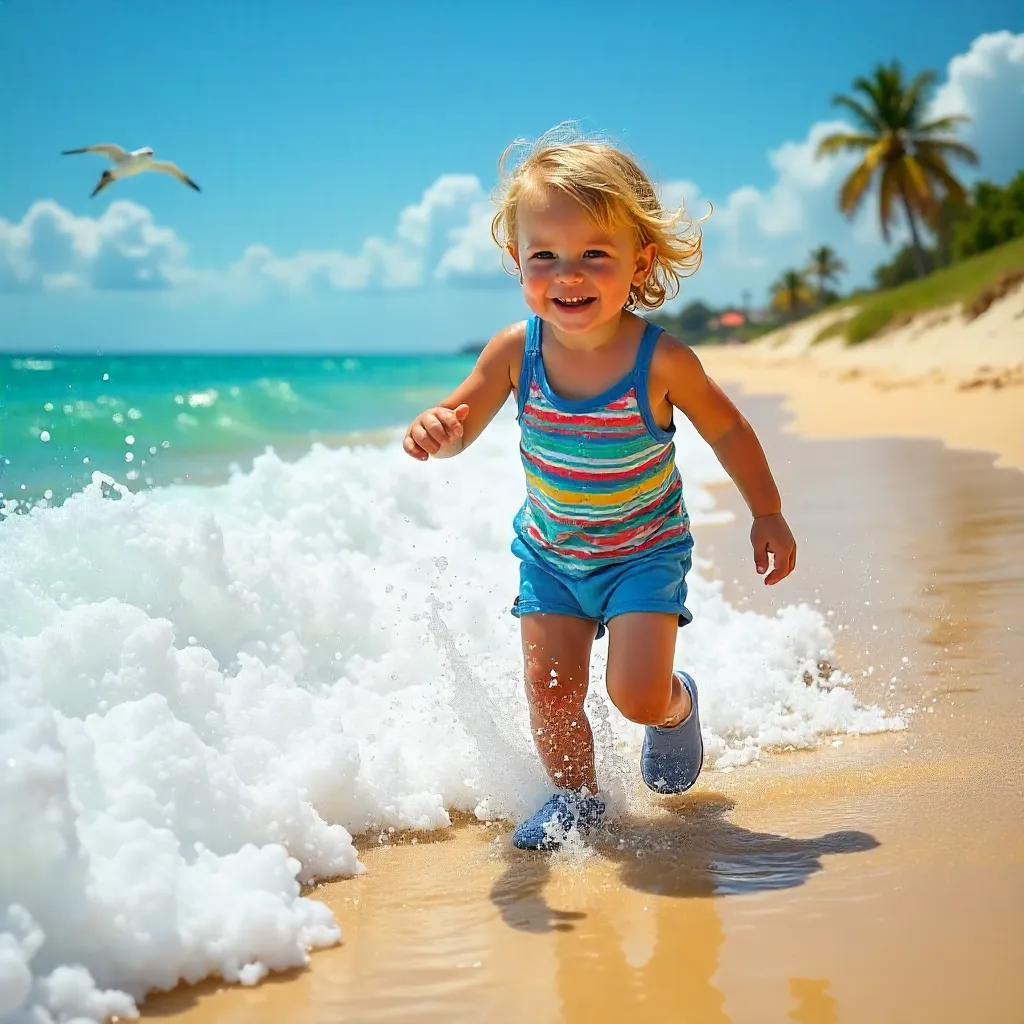 Sunny Beach Play: Child in Blue Crocs Splashing Waves