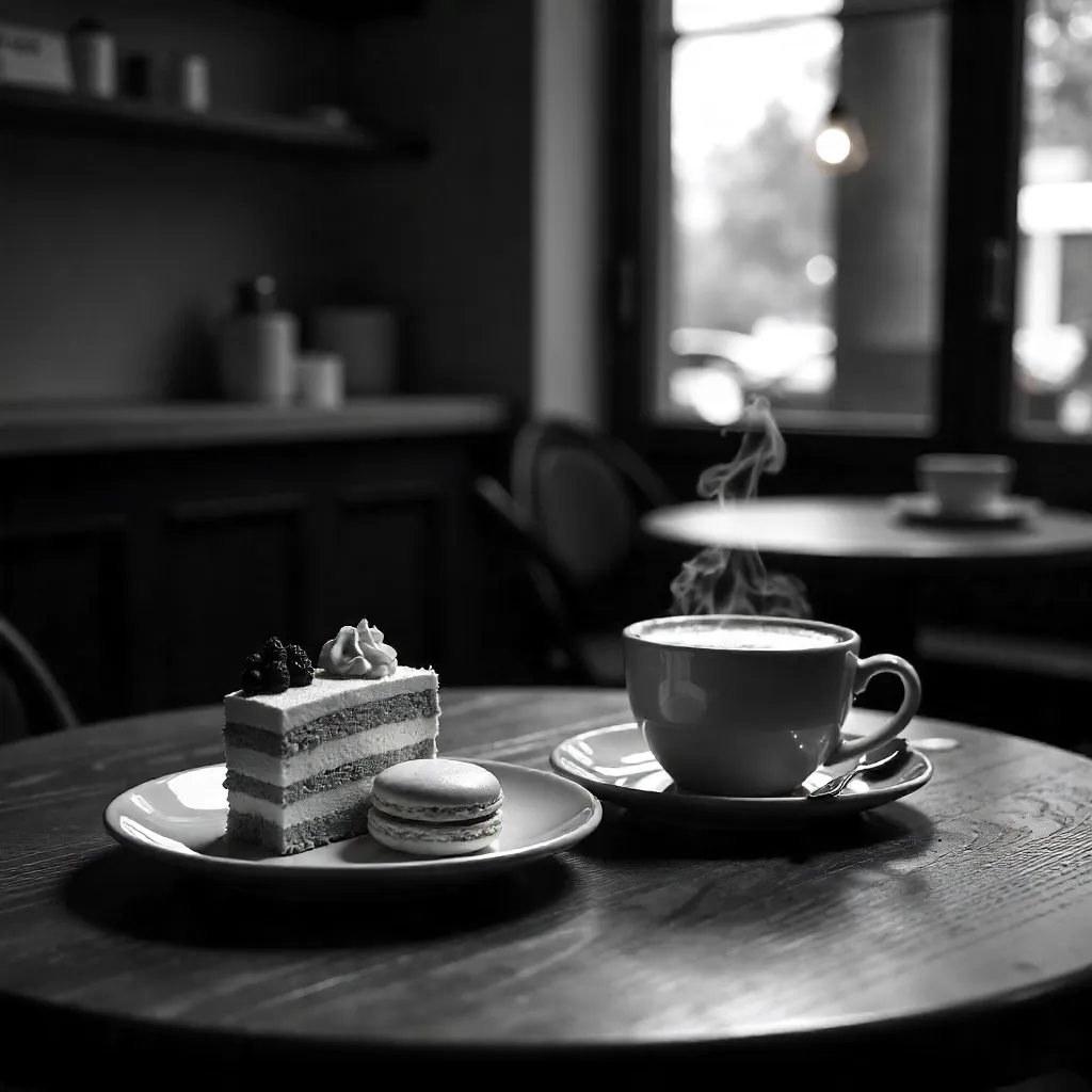 Monochrome Café Table: Desserts and Coffee