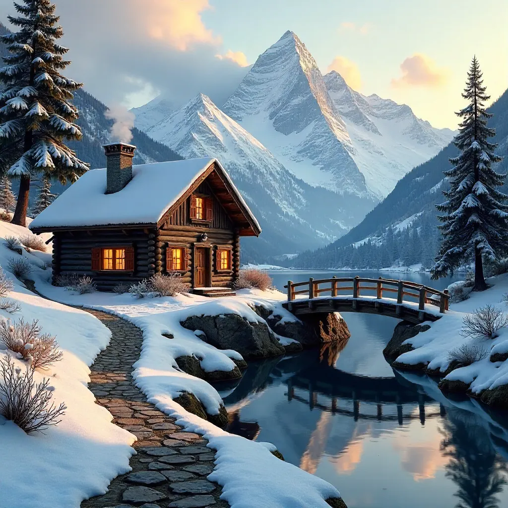 Tranquil Alpine Cottage by Snowy Peaks and Bridge
