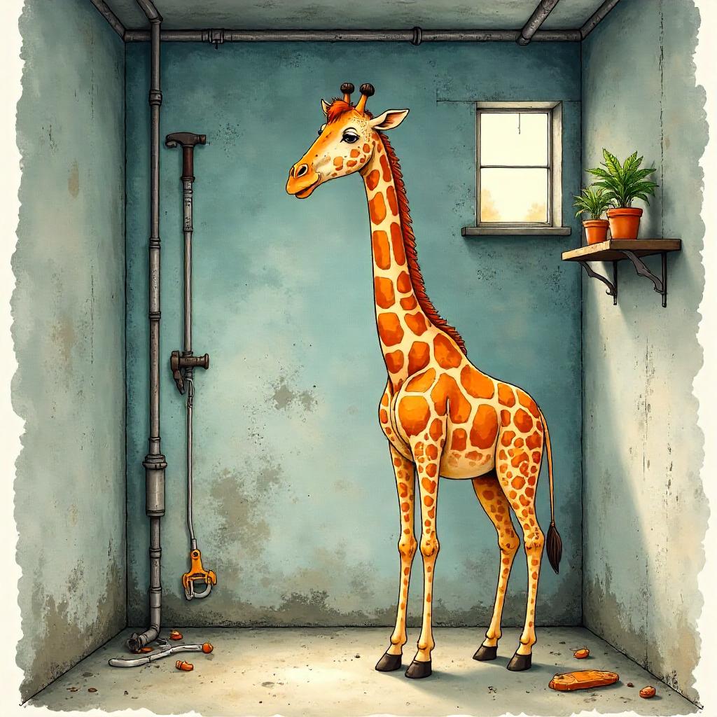 Whimsical Watercolor Giraffe in a Basement