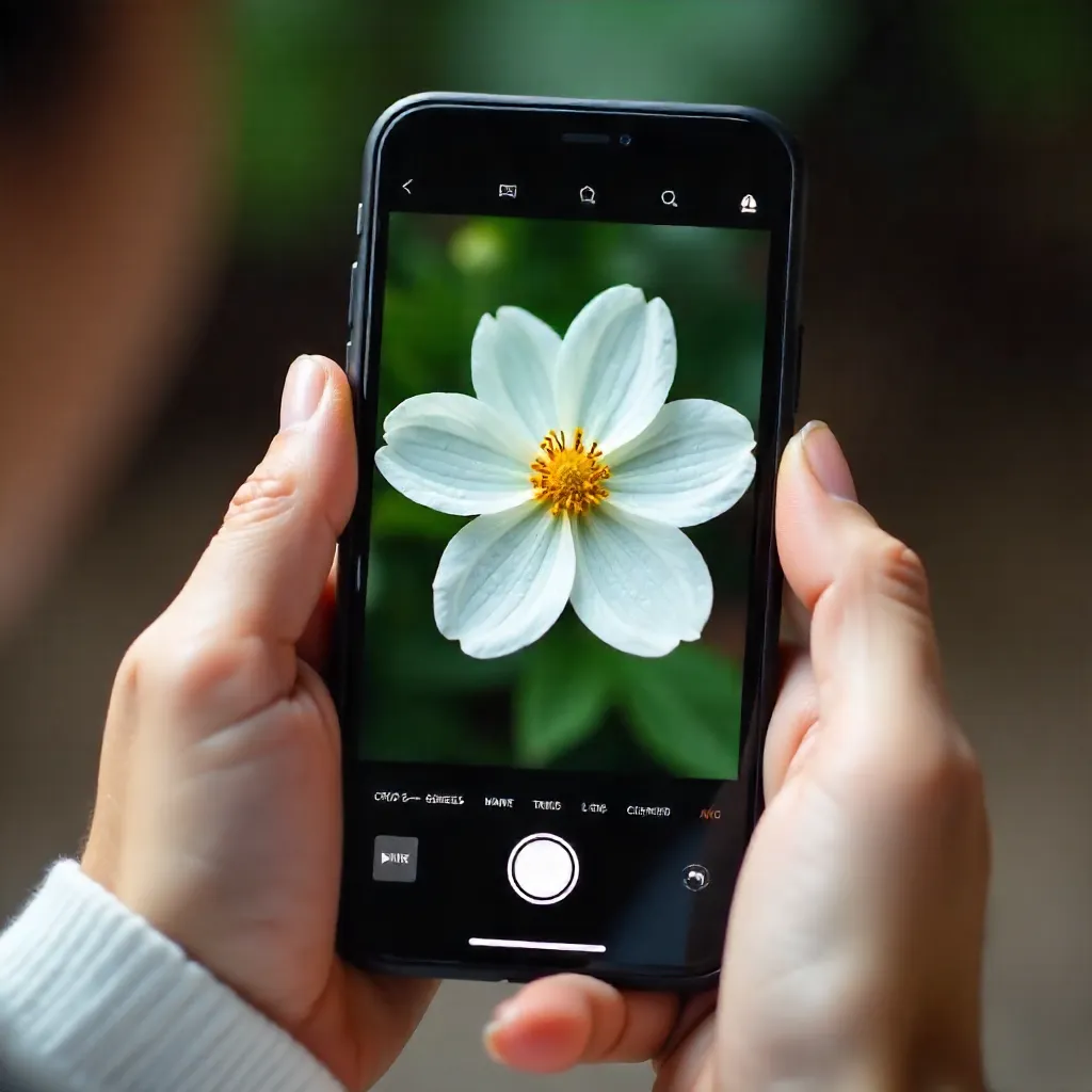 Hands Editing a White Flower on Smartphone