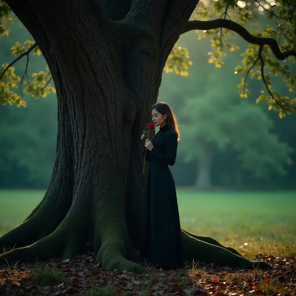 Shadowed Figure by the Ancient Tree with a Rose
