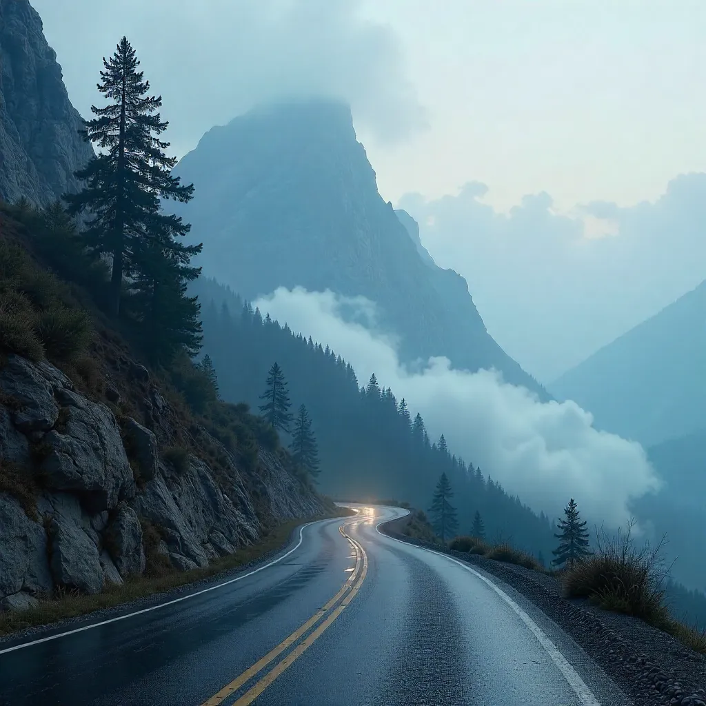 Mist-Shrouded Mountain Road: A Moody Descent